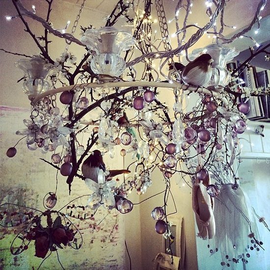 Glittery Chandelier with birds- Jessica Zoob Party Styling