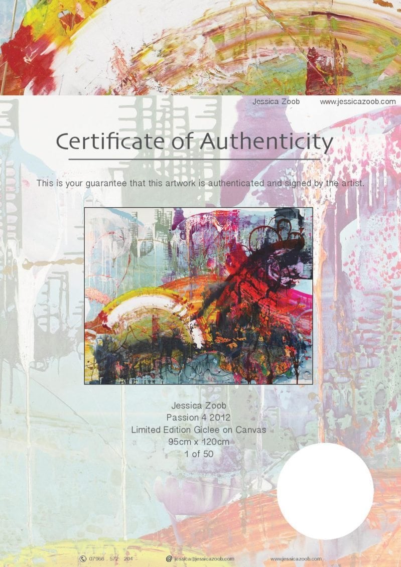 Jessica Zoob signed certificate of authenticty